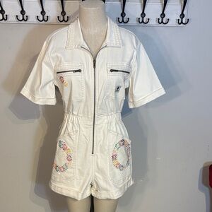 Refashioned White Denim Romper with Colorful Embroidery